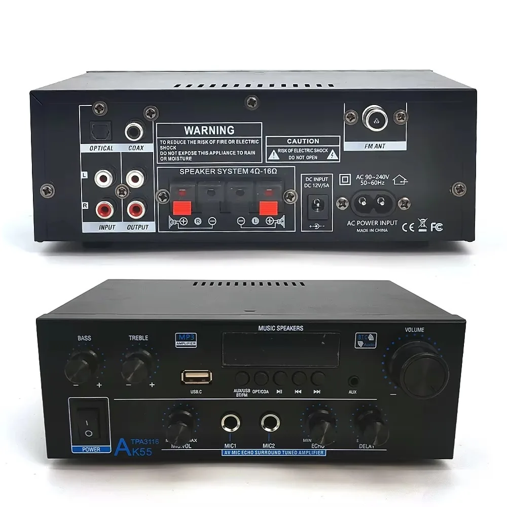 Фото AK55 900W Hi-Fi стереоусилитель Bluetooth 5.1 RMS70W+70W с двумя входами для микрофона, USB, TF, AUX, домашний караоке-усилитель, цифровой аудиоусилитель №5