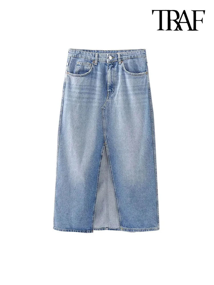 

Юбка-миди женская джинсовая с карманами, завышенной талией и разрезом спереди