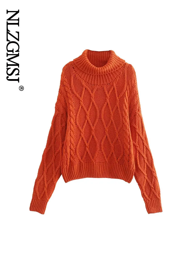 

Nlzgmsj Women Fashion Loose Cable-Knit Sweater Women Vintage High Neck Long Sleeve Female Pullovers Chic Tops 202207