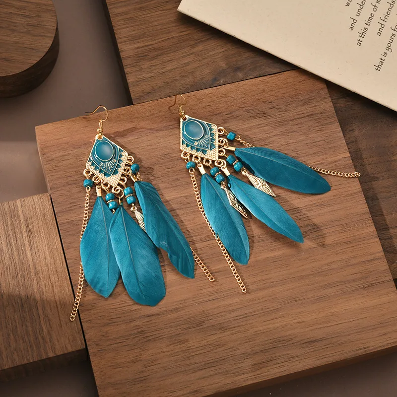

Long Tassel Feather Earrings for Women Bohemian Ethnic Style Multicolour Beads Drop Earrings Female Statement Earring Jewelry