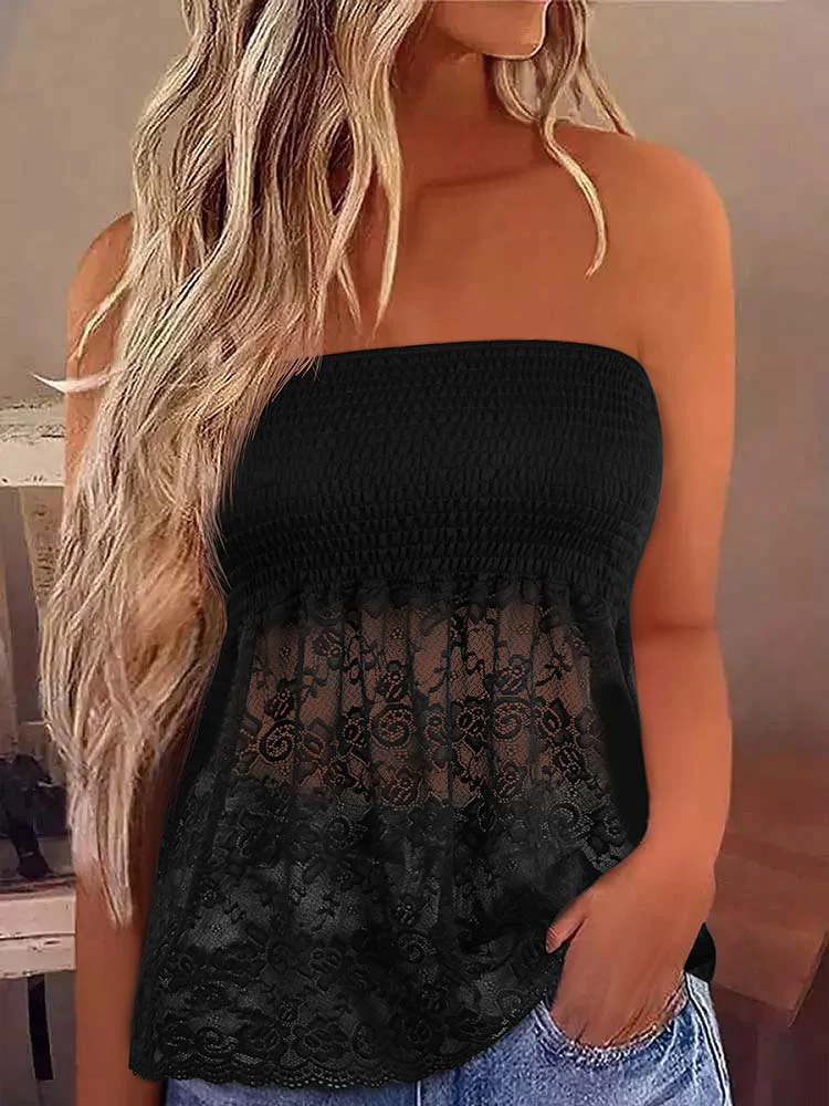 

Women Sexy Strapless Tube Top Lace Splicing Smocked Bandeau Tank Holiday Pleated Tunic Tops Summer Casual Black Sleeveless Shirt