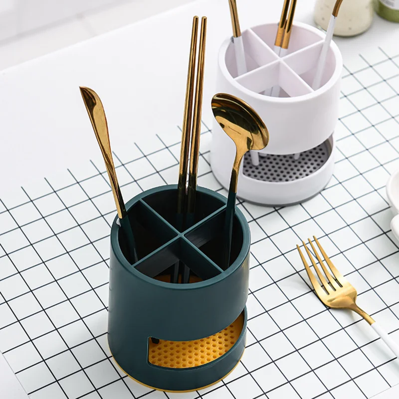 

Cutlery Organizer 4 Grids Cutlery Holder With Trays Round Spoon Chopsticks Tube Kitchen Drain Storage Rack Tableware Containers