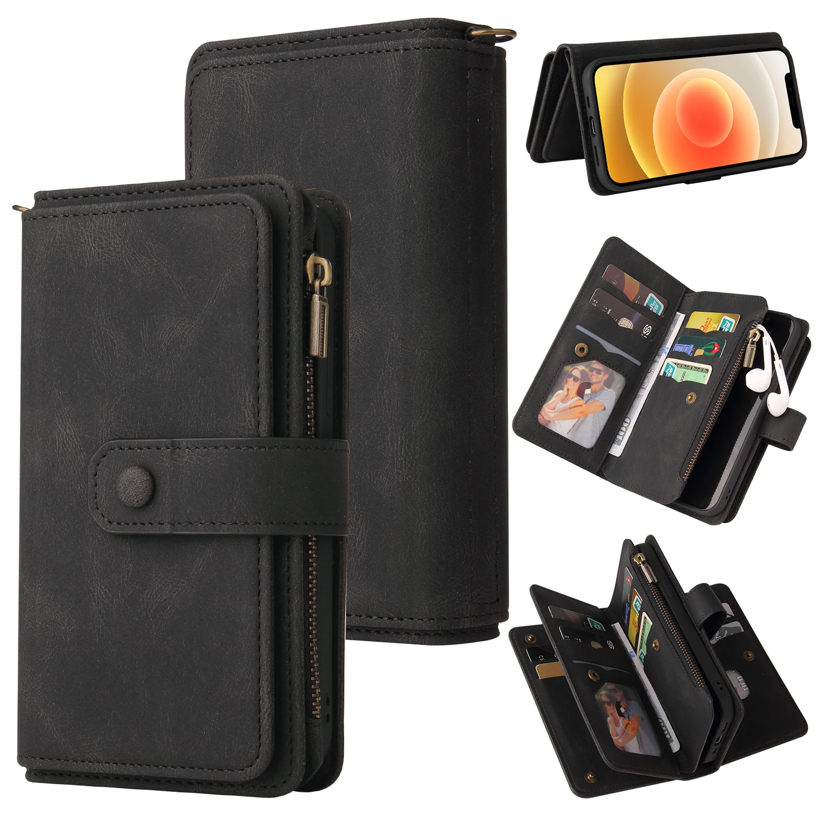 

Luxury Zipper Wallet Case For iPhone 11 12 13 14 Pro Max 6 7 8 plus X Xr Xs Cover Multi Cards Slots