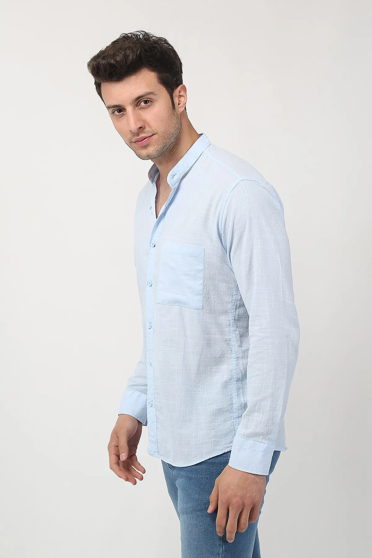 Therapy Men Men 'S Crew Neck Long Sleeve Linen Shirt 21K-4300577 Ice Blue