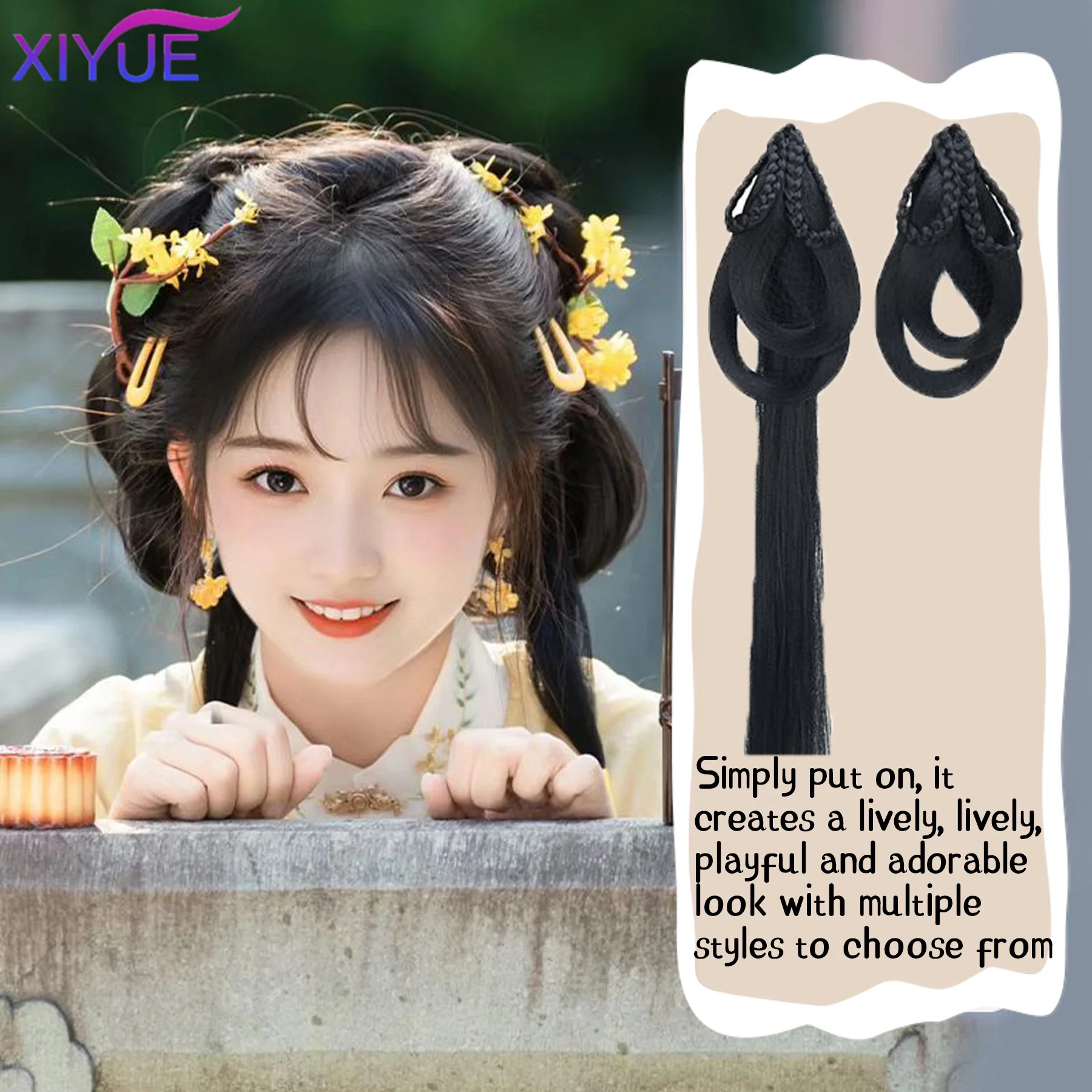 Chinese Ancient Wig Women Hanfu Wigs Headdress Photography Dance Accessory Black For Integrated Hair bun High tem