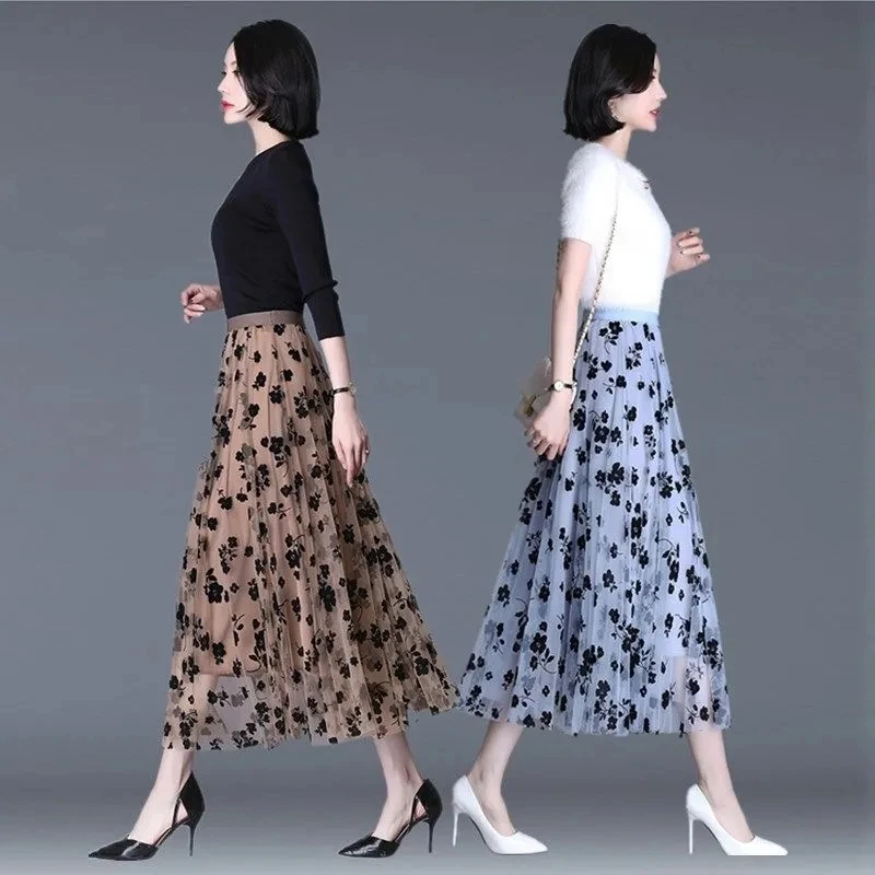 

Mesh Floral Skirt Women 2023 Spring Summer Autumn Long Gauze Skirt High Waisted grace Fashion Puff Skirts Elegant Mujer printing