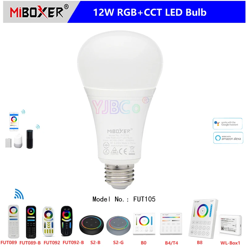 

MiBoxer E27 12W RGB+CCT LED Smart Light Bulb FUT105 Dimmable LED Lamp 2.4G 4-Zone Panel Remote/WiFi APP/Voice Control AC100~240V