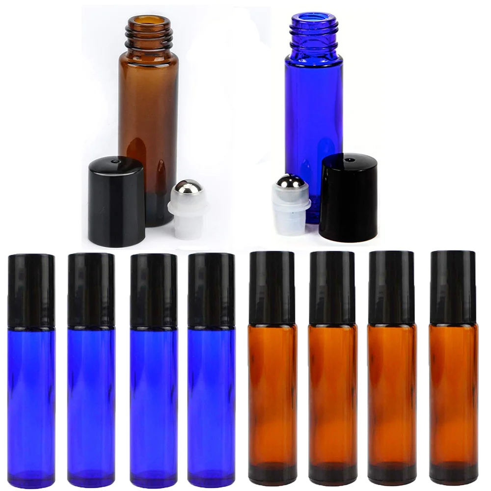 

8pcs 10ml Amber Glass Roll On Bottle Empty Vials with Stainless Steel Metal Roller Ball for Essential Oils Perfume Aromatherapy