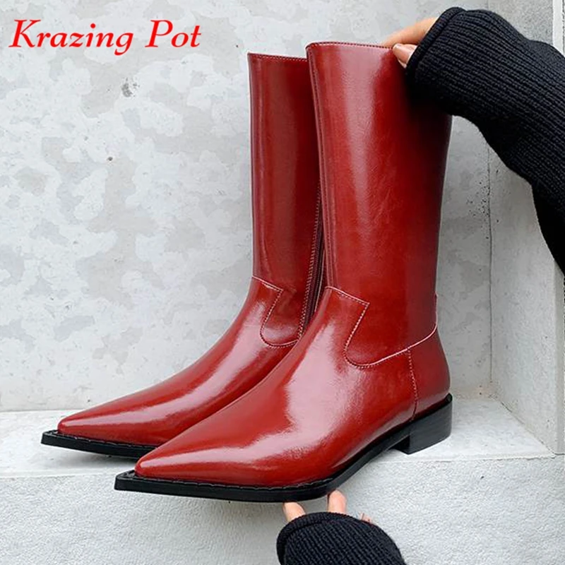 

Lenkisen Full Grain Leather Modern Boots Pointed Toe Med Heels Mature European Style Fashion Street Wear Zipper Thigh High Boots