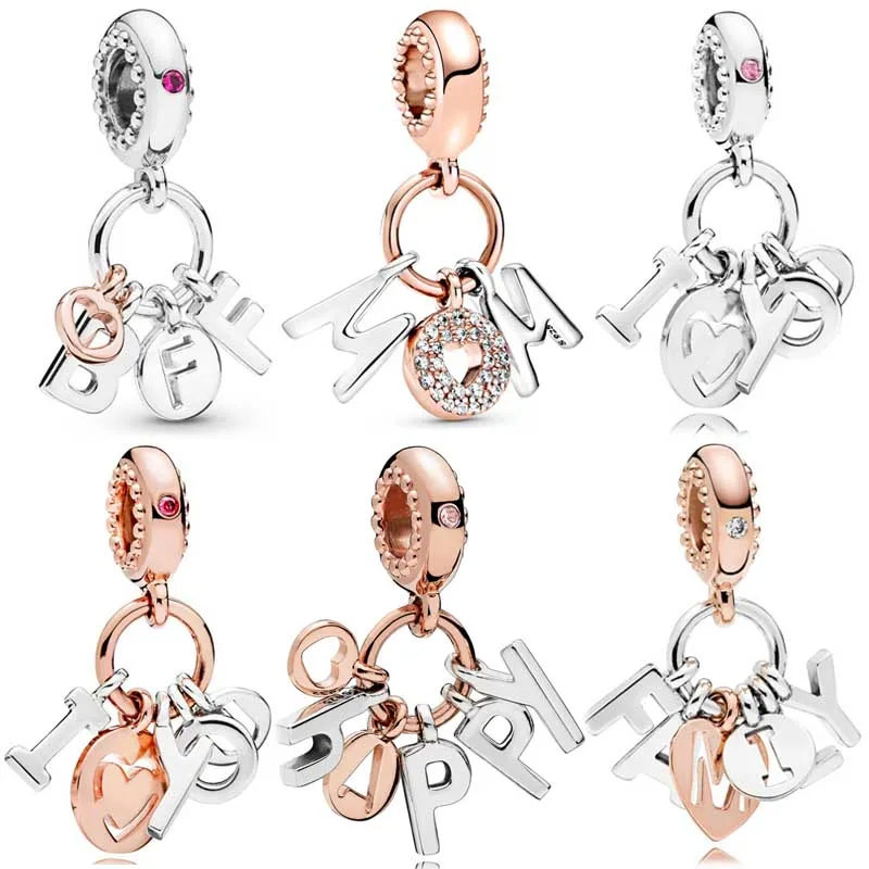 

DIY Charm Rose I Love You Happy Mum Family Bff Letter Pendant 925 Sterling Silver Bead Fit Pandora Bracelet Jewelry