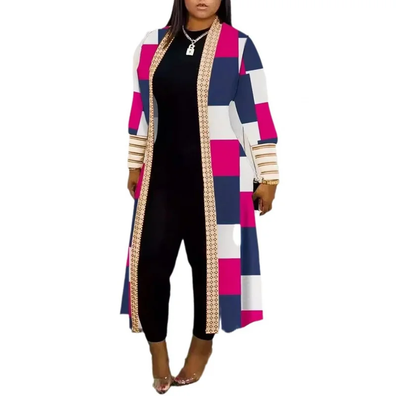 2024 черный модный стиль повседневная длинная куртка-кардиган с принтом и рукавами