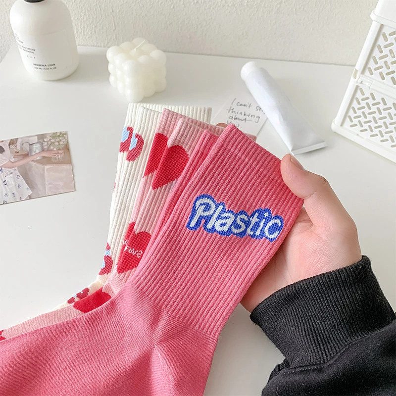 Women Pink-Heart Sweet Love Cotton Socks Women's Middle Tube Socks Cute Lovely Pink Theme Cotton Casual Socks Sport Street Socks