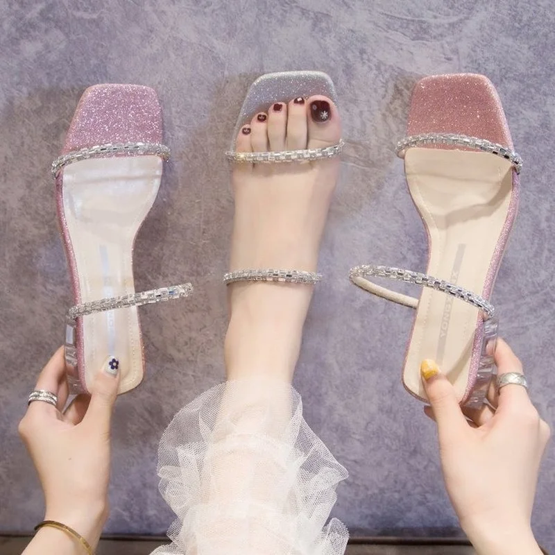 Women Slippers Korean Summer 2022 New Fashion Crystal Square Heel Shoes for Women Low (1cm-3cm) Outside Slides for Woman