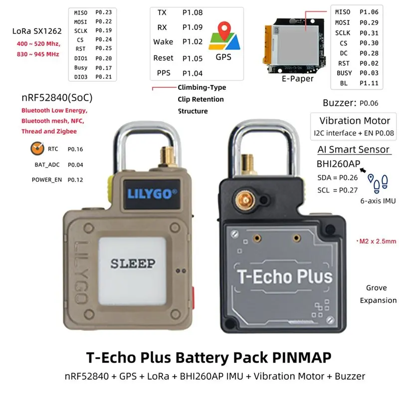 Фото Беспроводной модуль LILYGO TTGO T-Echo Lora L76K SX1262 NRF52840 с 1.54-дюймовым E-Paper дисплеем, GNSS, RTC, зуммером и BHI260AP 915 МГц №2