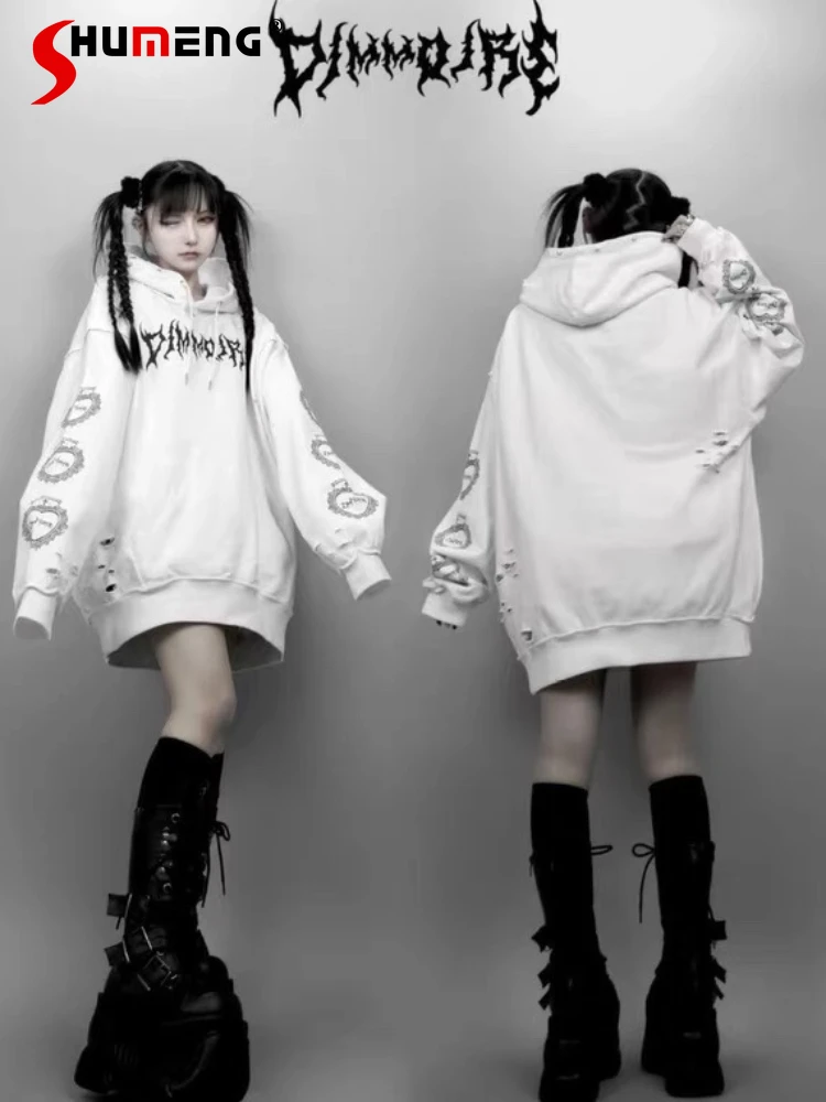 

Japanese Harajuku Terry Sweatshirt Women Printed European and American Trendy Ripped Rivet Mine Series Hoodies Gothic Clothes