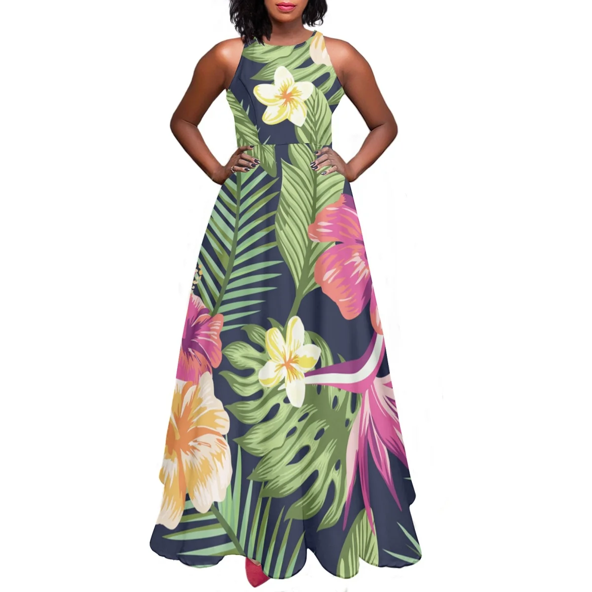 

Tropical Hibiscus Monstera Printed Women Sleeveless Long Dress Summer Elegant Swing Party Dresses for Ladies Femme Vestidos 2023