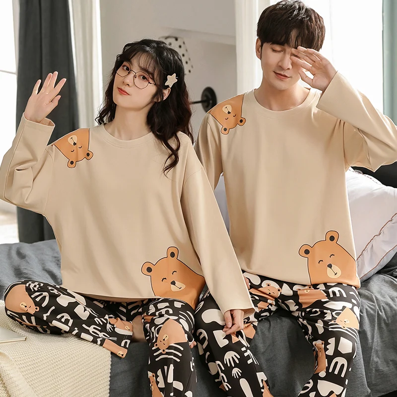 

Милый мультяшный пижамный комплект для пар, мужские и женские домашние костюмы, 100% хлопок, одежда для отдыха, пижамы для осени и зимы