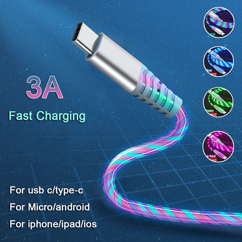 

3A Flow Luminous Lighting Usb Data Cable for IPhone 12 13 Pro 3in1 2in1 LED Micro USB Type C 8-Pin Charger for Xiaomi Huawei