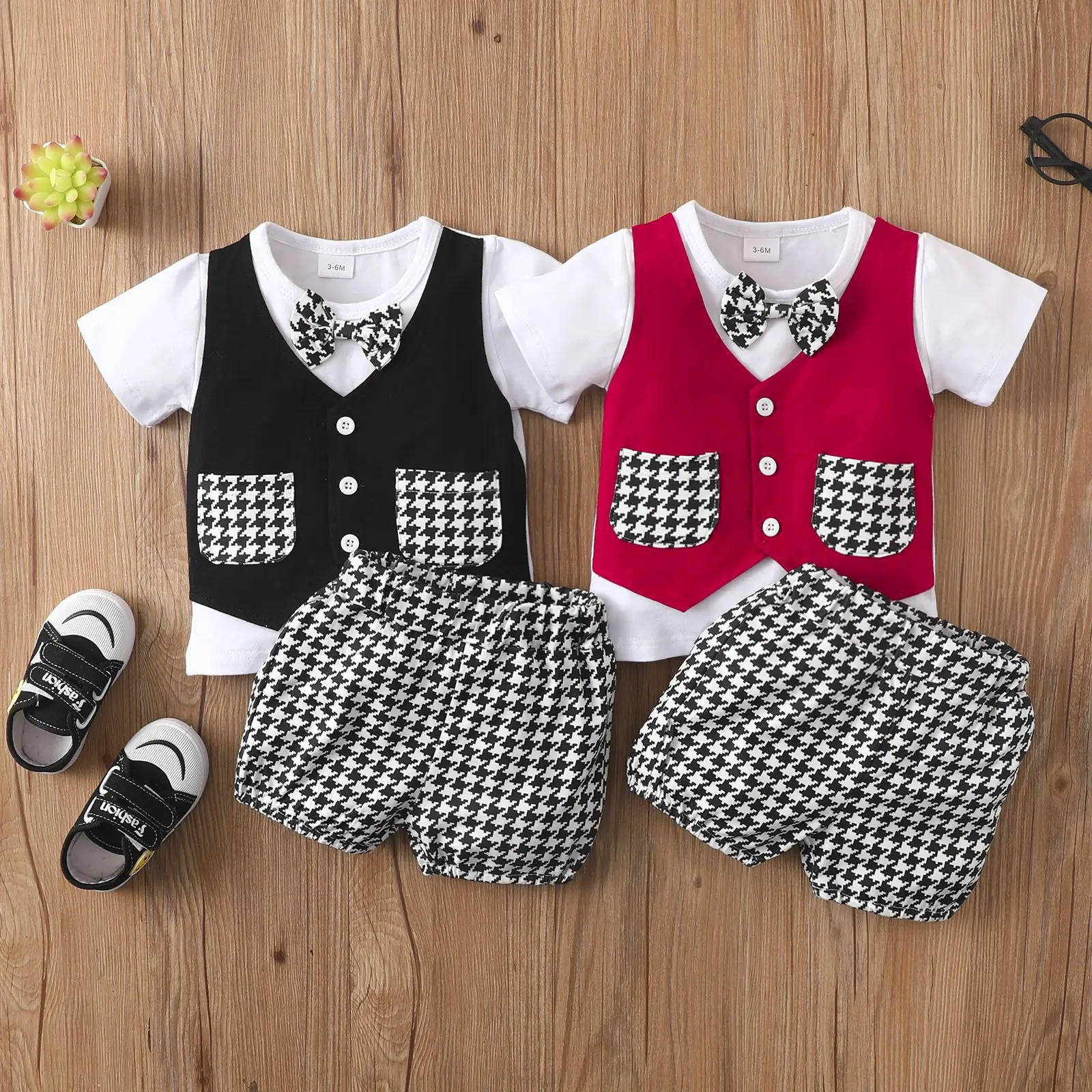 

Baby Suit 2022 New Baby Gentleman Single Breasted Suit Short Sleeve Purse Bow Top Thousand Bird Check Shorts Suit