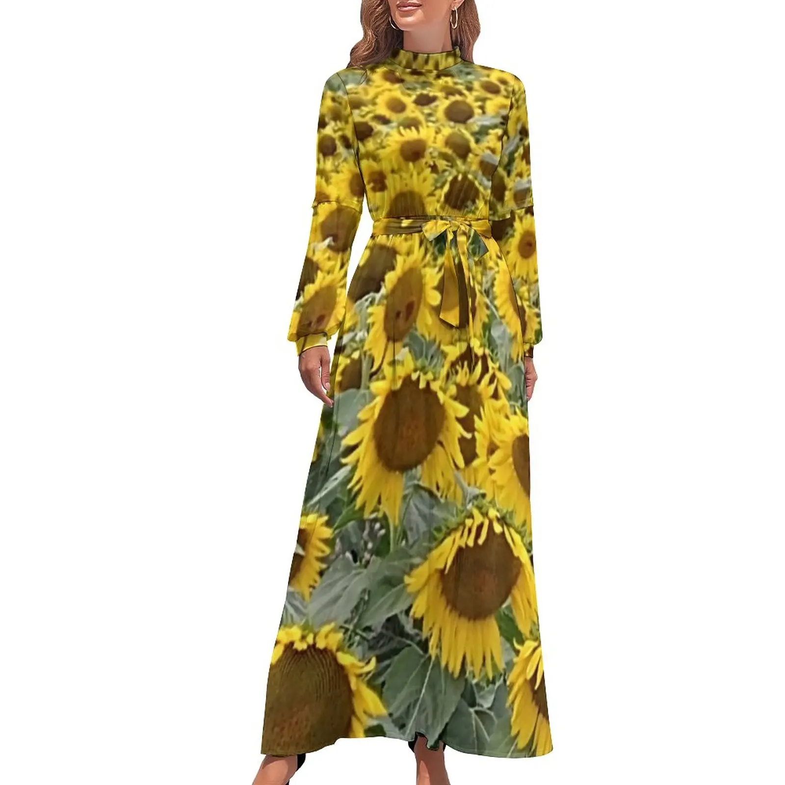 

Big Sunflower Field Dress Yellow Floral Print Elegant Maxi Dress Aesthetic Bohemia Long Dresses High Neck Graphic Clothing