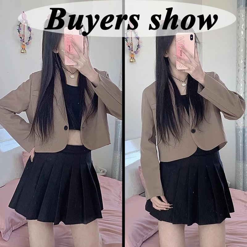 Lucyever Korean Cropped Blazers Women Solid Color Simple Single-button Outwear Teens All-match Long Sleeve Office Suit Jacket images - 6