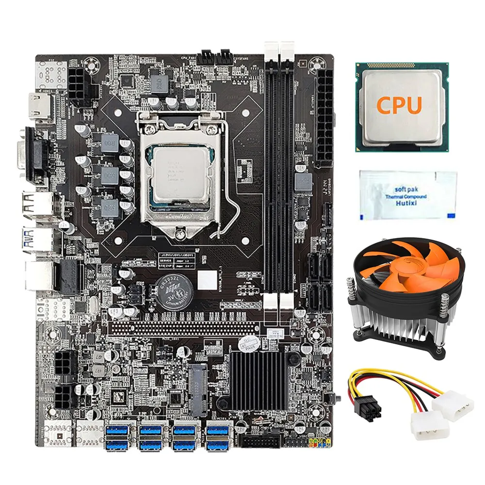 B75 8 GPU BTC Mining Motherboard+CPU+Fan+Thermal Grease+Power Cable 8 USB3.0 to PCIE LGA1155 DDR3 RAM SATA3.0 ETH Miner