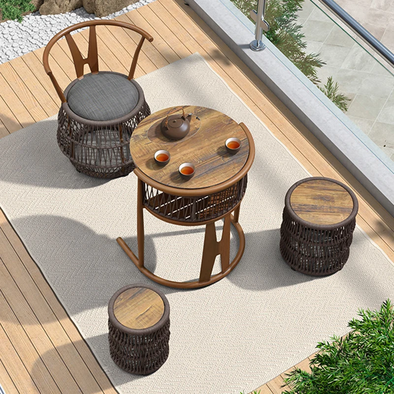

Rattan Chair Coffee Table Purple Leaf Balcony Small Table and Chair Four-piece Balcony Table and Chair Combination 60cm