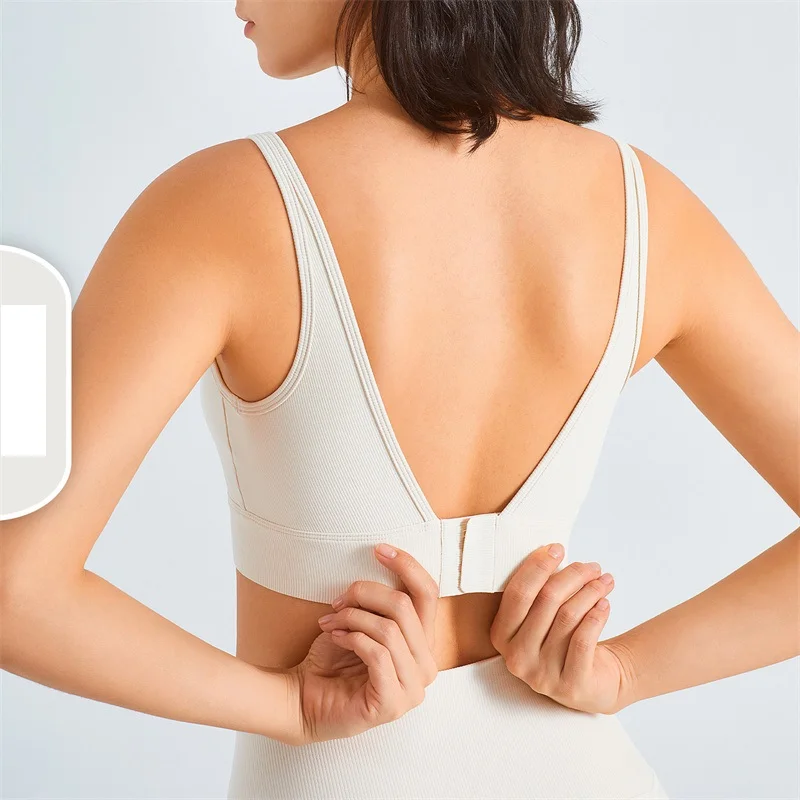 Solid Color Fitness Bra Ribbed Square Neck Back Buckle Gym Tights Sexy Sport Tank Top Soft Shockproof Tight Tank Female Bralette
