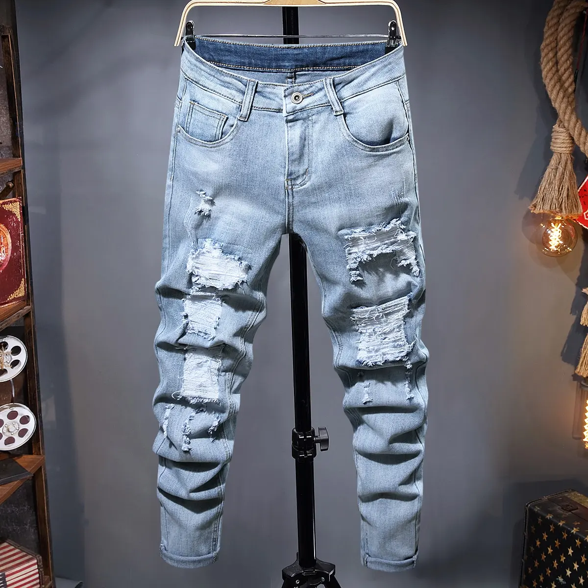 's Ripped Jeans Autumn Designer Slim Fit Black Blue Denim Pa