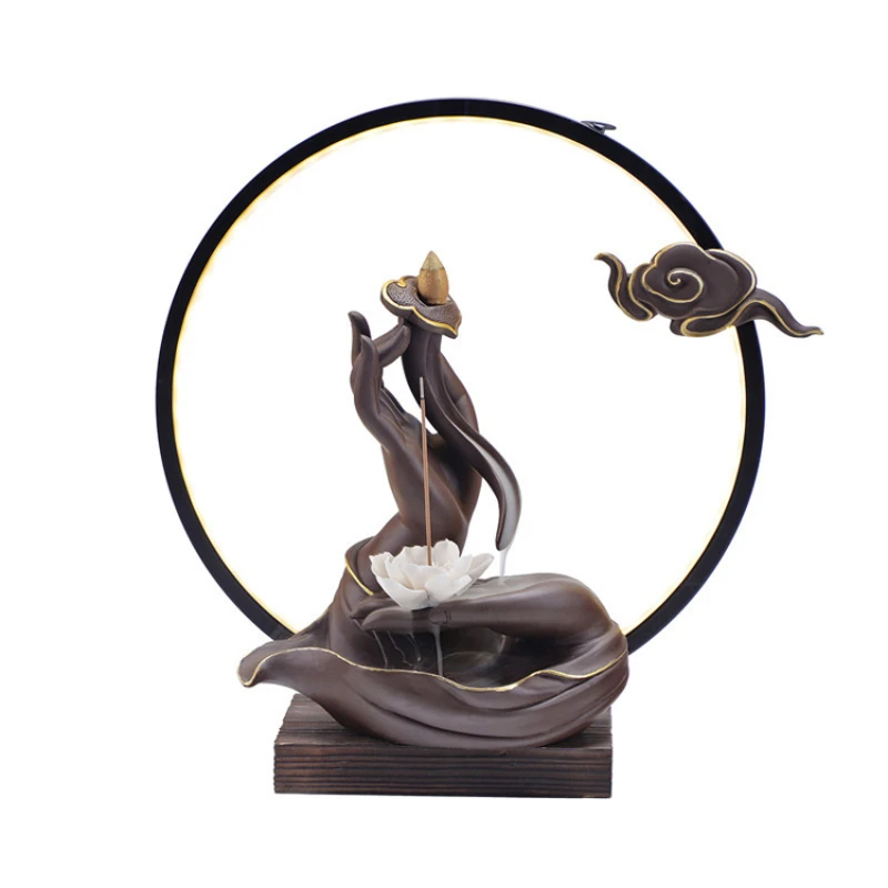 

Desk Waterfall Censer Zen Lotus Hands Incense Holder Ceramic Backflow Incense Burner With LED Lights