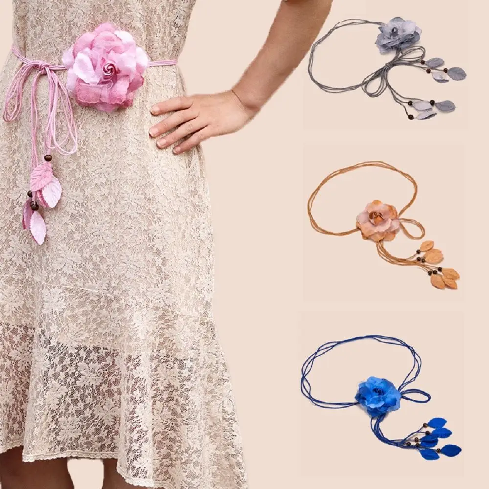 Fashion Elegant Thin Tassle Big Flower Dress Decorated Belts Waist Rope Waistband Waist Chain