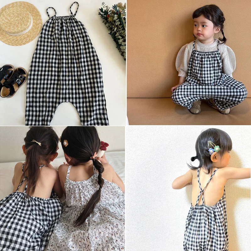 

Kids Girls Overalls 2022 Summer New Soor Ploom Children Cute Loose Overalls Plaid Print Linen Fabric Pants Clothing