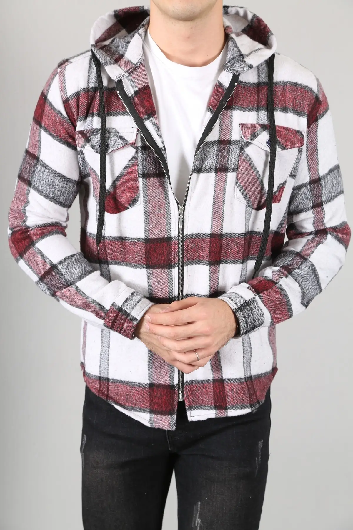 

Burgundy Men 'S Zipper Hooded Lumberjack Shirt Loose Hooded Fashion Plaid Streetwear Outerwear 2021 Trend Shirt Size: S M L XL XXL