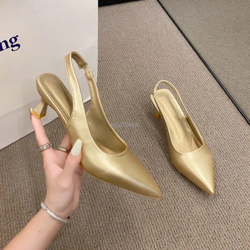 

Women's Sandals Leather Slingbacks Pointed Toe Block Mid Heels Pumps Buckle Ladies Fashion Spring Autumn Zapatos De Mujer