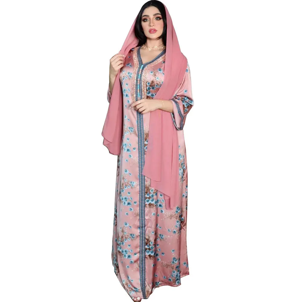 2023 New Pink V-Neck Hot Diamond Middle Eastern Muslim Print Dress with Headband Robe Femme Musulmane جلابيه نسائية Abaya Dress