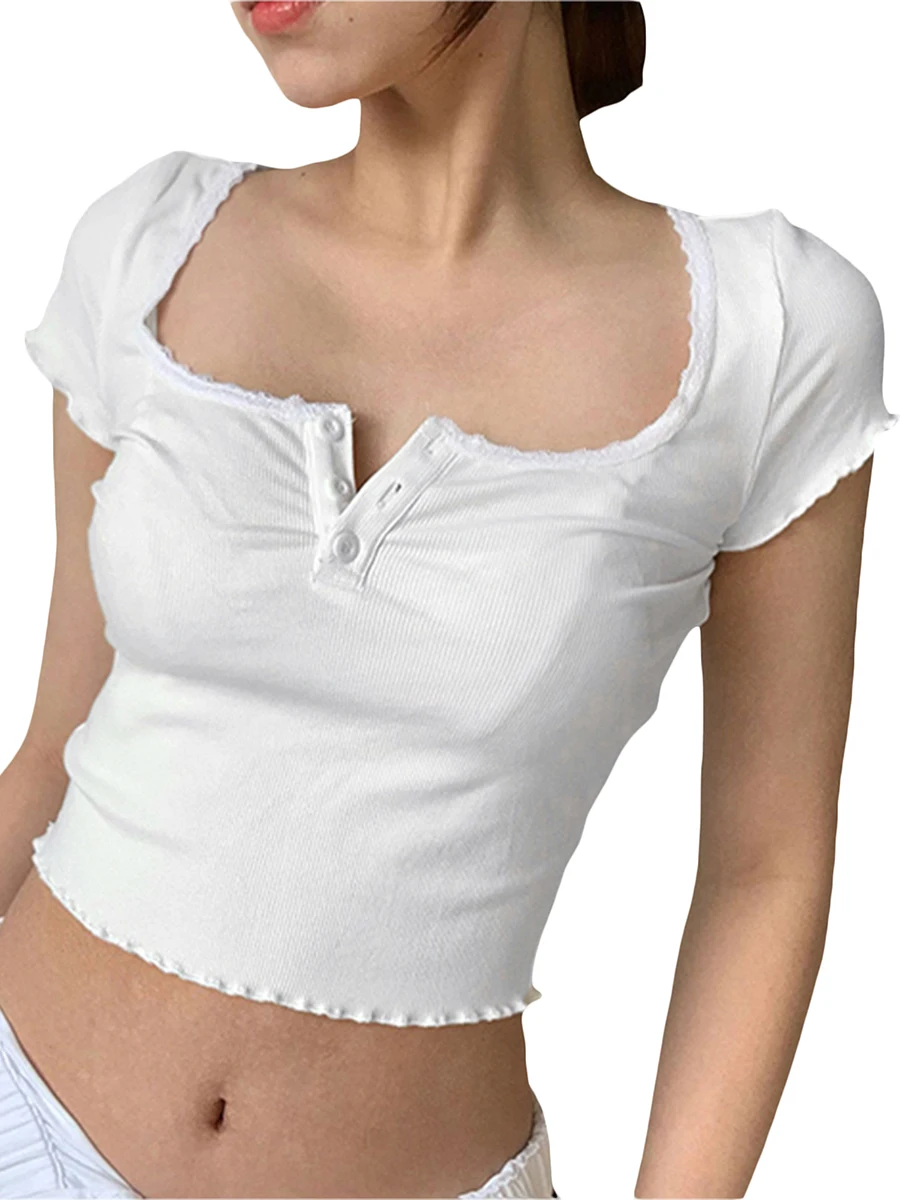 

Mubineo Women Crop Shirt Short Sleeves Square Neck Buttons Knitting Casual Party Street Short Crop Tops