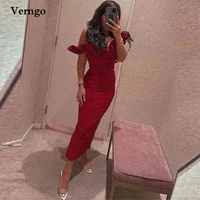 verngo dark red evening dresses off the shoulder stretch satin tea length women simple party prom dress