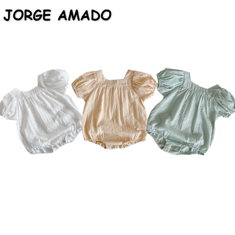 

2022 New Summer Baby Wear Girl Bodysuit Square Collar White Green Apricot Short Sleeves Jumpsuit Cotton Ipcs Child Clothes E2045