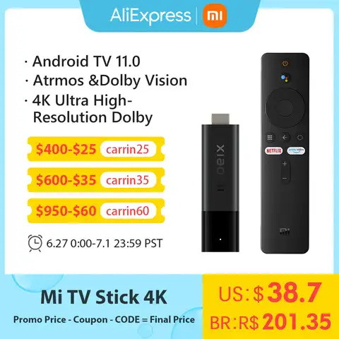 2022 Xiaomi Mi TV Stick 4K глобальная версия Stream in 4K Google Assistant * Встроенный Android TV 11 2 ГБ 8 ГБ четырехъядерный процессор