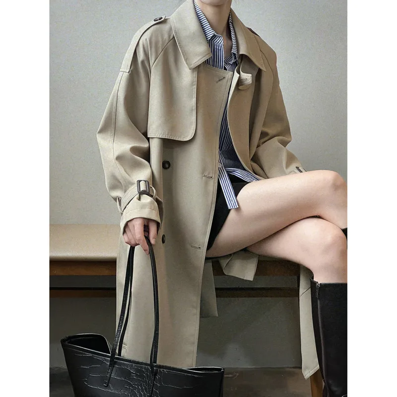 

Женский двубортный Тренч с отложным воротником, свободное прямое длинное пальто с открытыми плечами, корейские топы, весна 2023