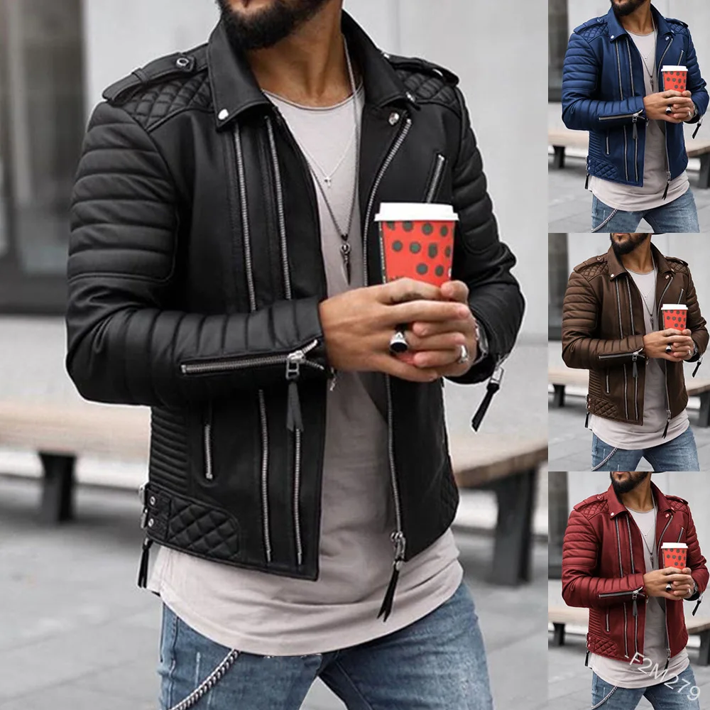 2021 fashion new winter men's line lapel cotton jacket European and American zipper solid color leather jacket men