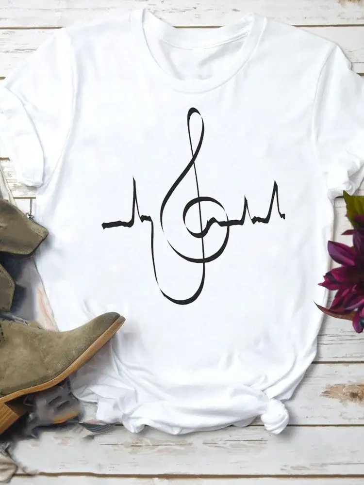 

Одежда с коротким рукавом, модная женская одежда в стиле музыки и любви, женский топ, футболка, летняя футболка с мультяшным графическим рис...