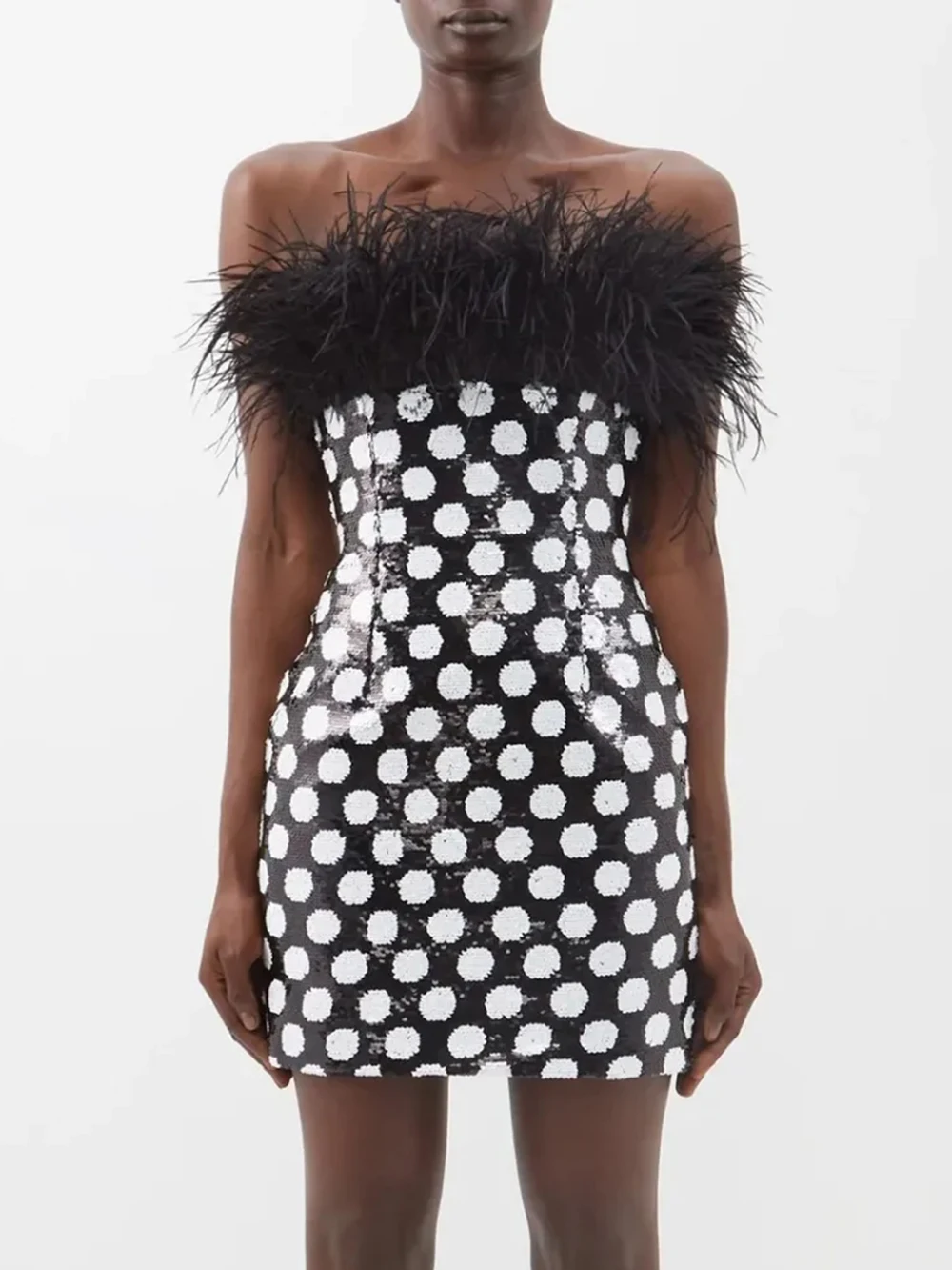 Женское пикантное мини-платье без бретелек с перьями и блестками спинки
