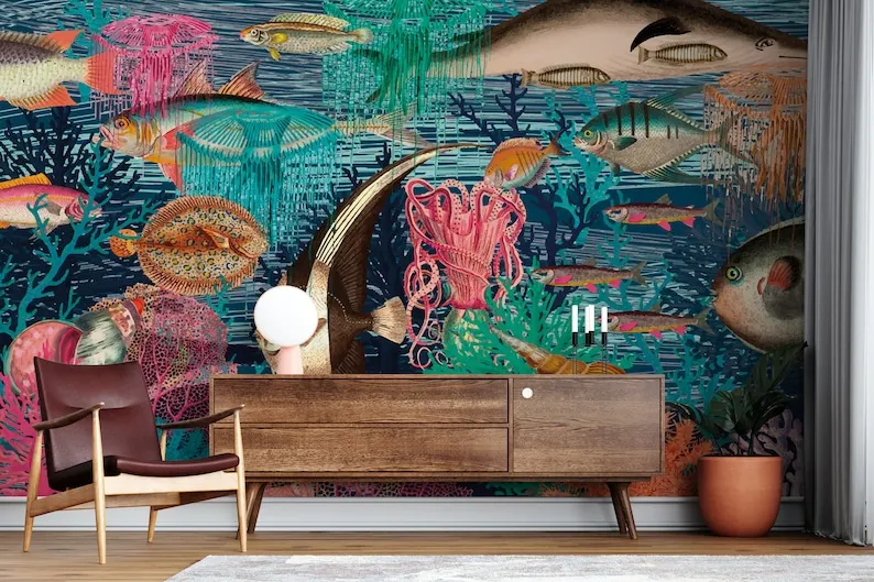 

Retro Style Design Fishes, Corals Underwater Easy Removable Wall Mural, Pastel Color Ocean Theme Wallpaper. Fishes Peel and Stic