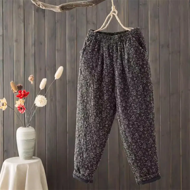 2023 осень зима новые ретро хлопковые и льняные Стеганые Брюки женские утепленные