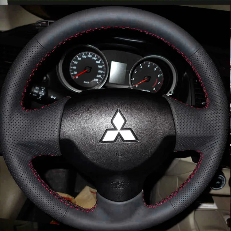 

For Mitsubishi Lancer EX 10 Lancer X Outlander Hand-stitched No-Slip Left and right perforation Black Leather Car Steering Wheel