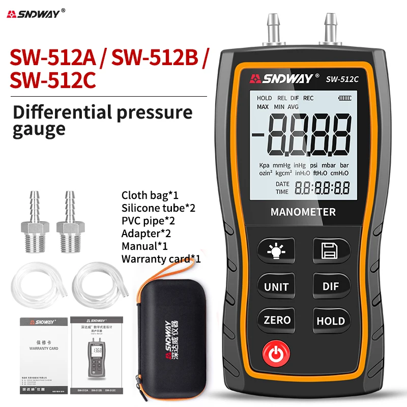 SNDWAY SW-512 Series Digital Manometer Air Pressure Gauge  ±103.42 KPa 0.01 Resolution air pressure Differential Gauge Kit Tools