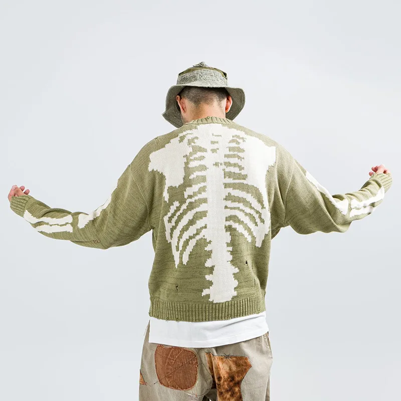 

Huaxiafan Loose Pullover Shirts Street Hip Hop Rib Skeleton Skeleton Loose Knit Sweater Couple Sweaters Men