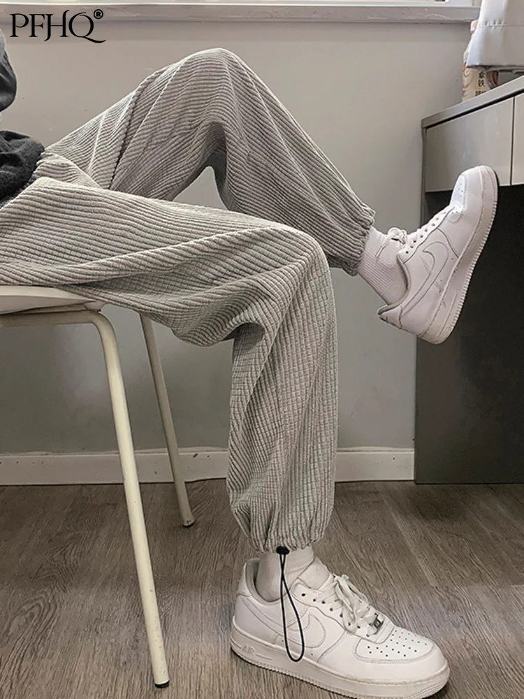 

PFHQ Textures Plaid Sweat Pants Men Elastic Waist Straight Casual Spring Autumn Trend Corduroy Trousers Male 2022 New 21Q2083