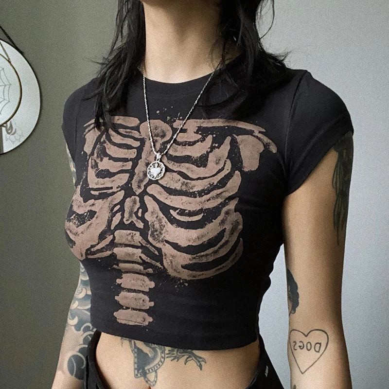 

Goth Printed T-shirt Crop Top Women Fashion Blouse 2023 Summer New In Short Sleeve Tees Y2k Vintage Streetwear Gothic Pulovers